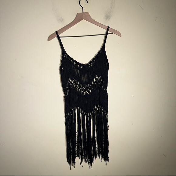 BOHO CROCHET whimsigoth festival wear black top layer front detail tank top M - Picture 6 of 6